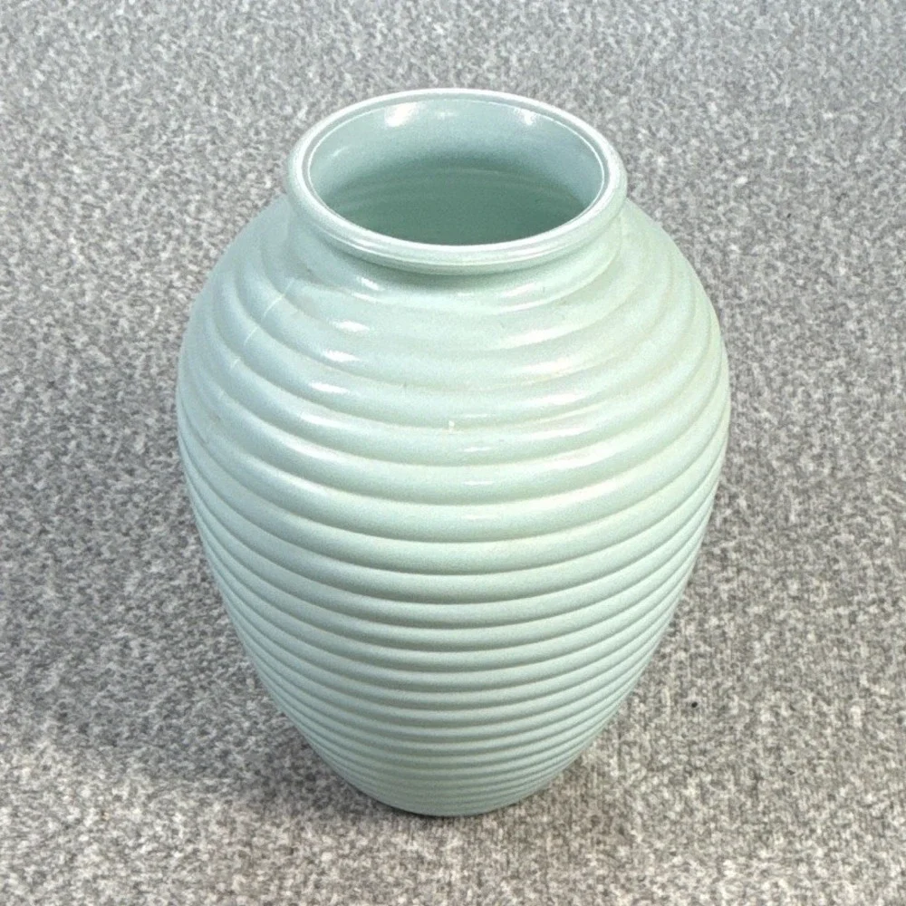 Christopher Stuart Portugal Blue Ribbed Glossy Ceramic Oval Table Vase 8 in
